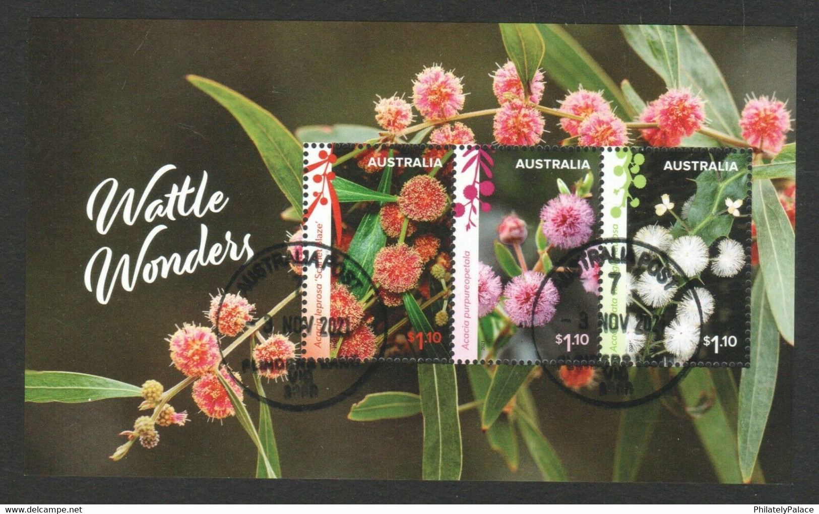 AUSTRALIA 2021 FLOWERS WATTLE WONDERS SOUVENIR SHEET FLOWER OF 3 STAMPS IN FINE USED  (**) LAST PIECE - Used Stamps