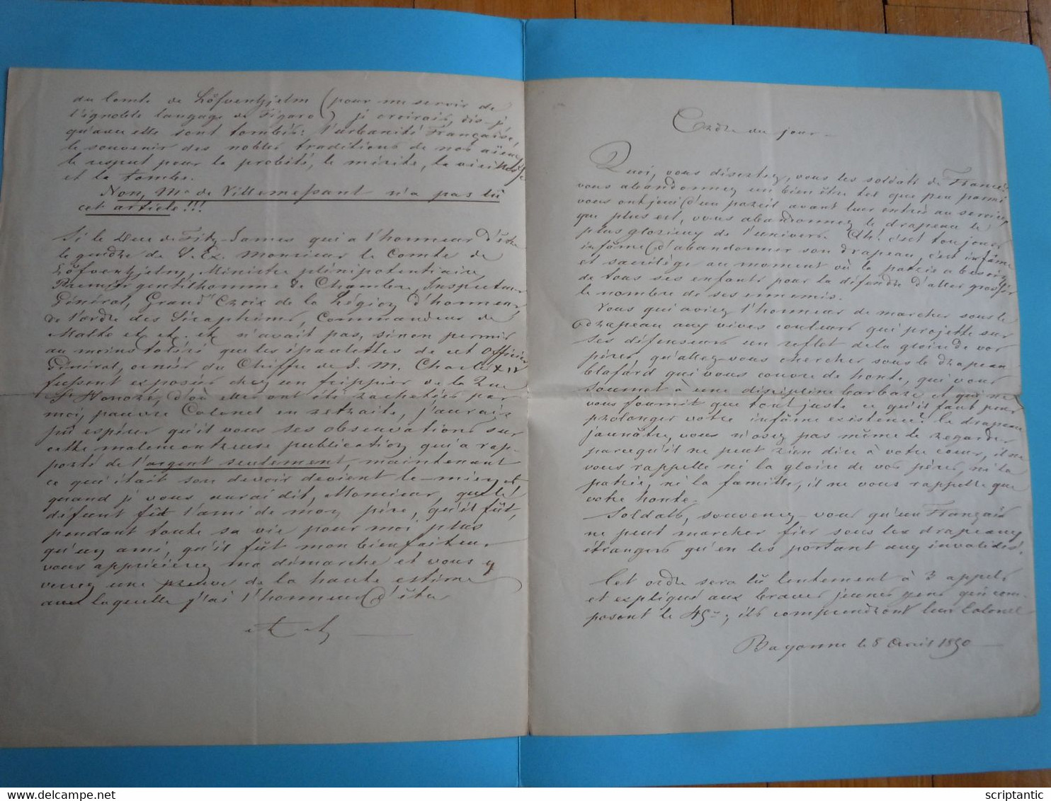 Lettre 1850 Du Colonel Charles Georges WESTEE (1798-?) Du 45° RI Au Directeur Du FIGARO - Manuscrits