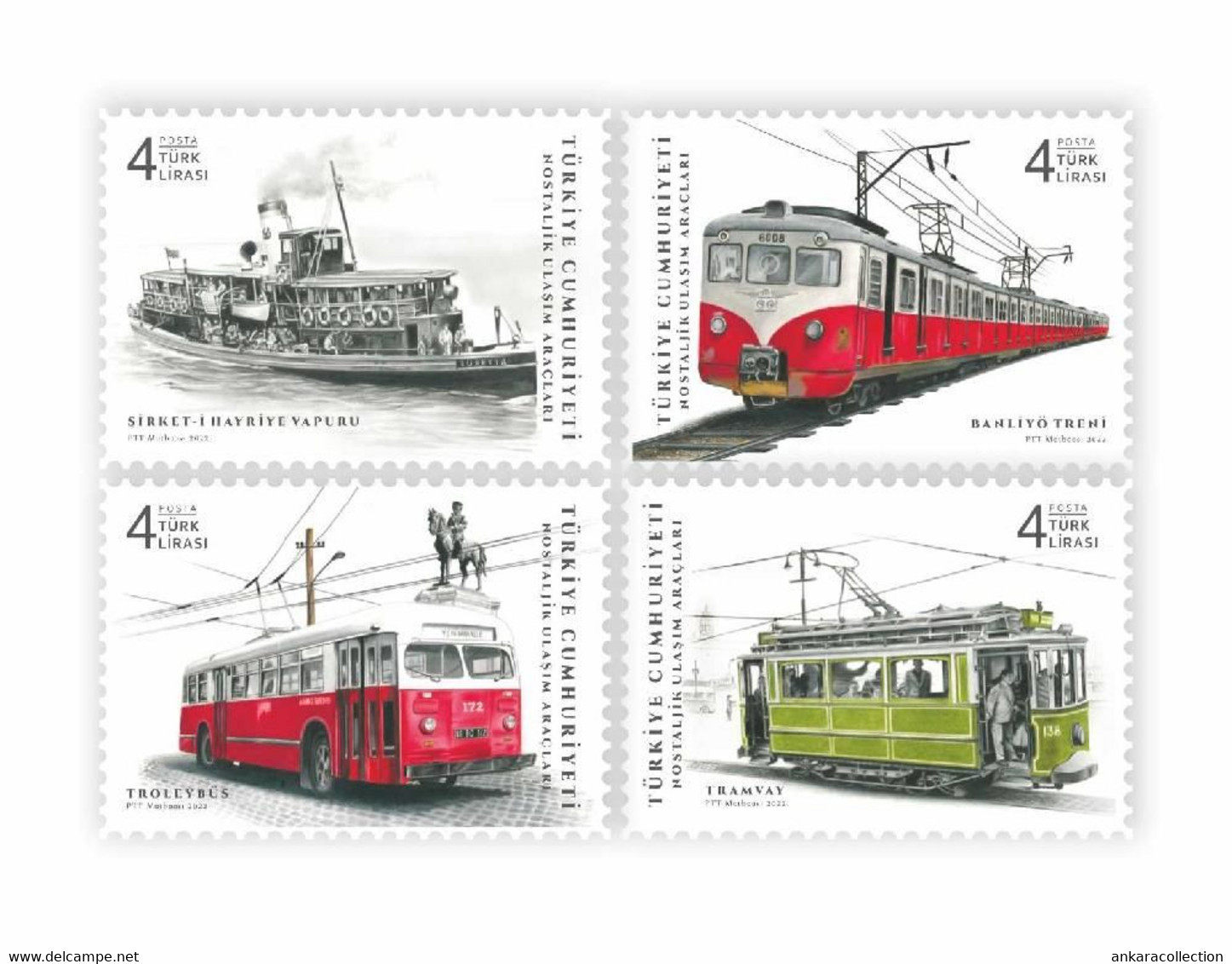 AC - TURKEY STAMP NOSTALJIK MEANS OF TRANSPORTATION TROLLEY BUS, COACH, TRAM, COMMUTER - SUBURBAN RAIL, FERRY MNH 2022 - Unused Stamps