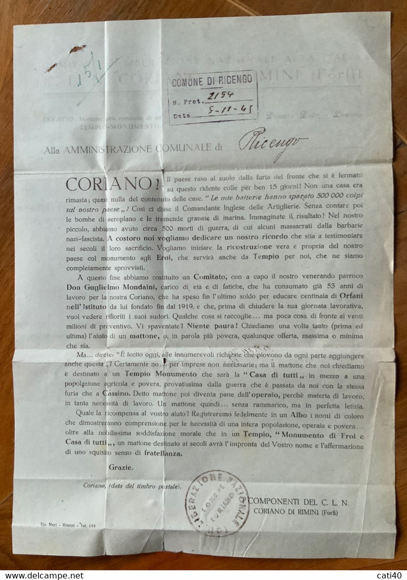 CORIANO DI RIMINI - LETTERA DEL COMITATO DI LIBERAZIONE NAZIONALE 5/11/45 "CORIANO Il Paese Raso Al Suolo..." - Nationales Befreiungskomitee