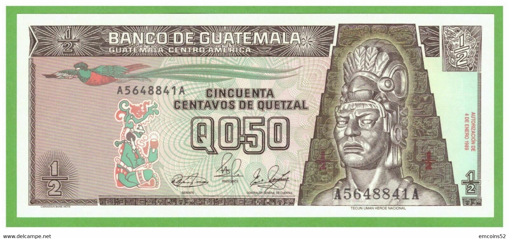 GUATEMALA 1/2 QUETZAL 1989  P-72a  UNC - Guatemala