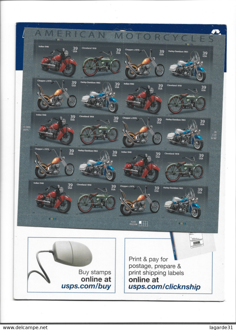 2006 US Stamp-American Motorcycles - 20 TIMBRES 39 ¢ - Scott # 4085-4088 Encore Sous Plastique - Motos