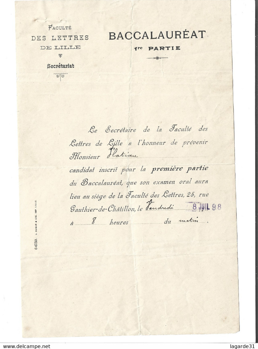 1898 Faculte Des Lettres De Lille Convocation Baccalauréat 1er Partie - Diplomi E Pagelle