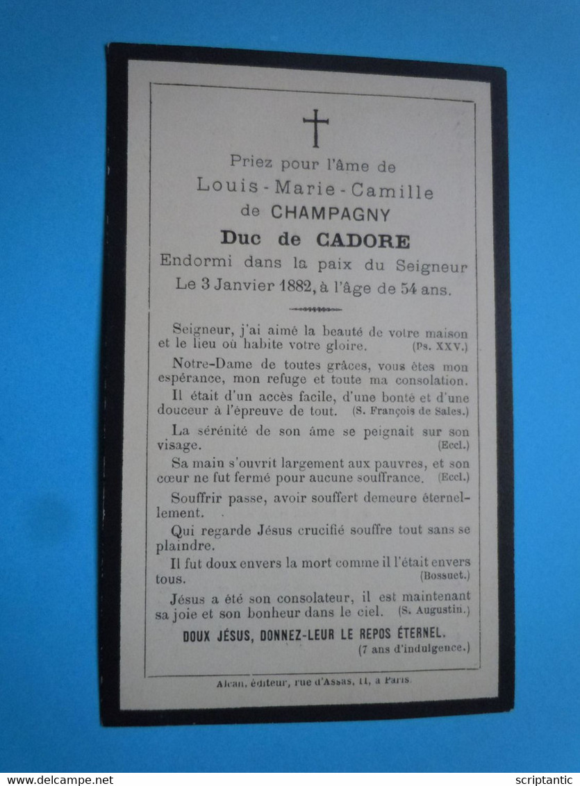 Faire Part Décès Louis Marie Camille De CHAMPIGNY Duc De CADORE 1882 - Overlijden