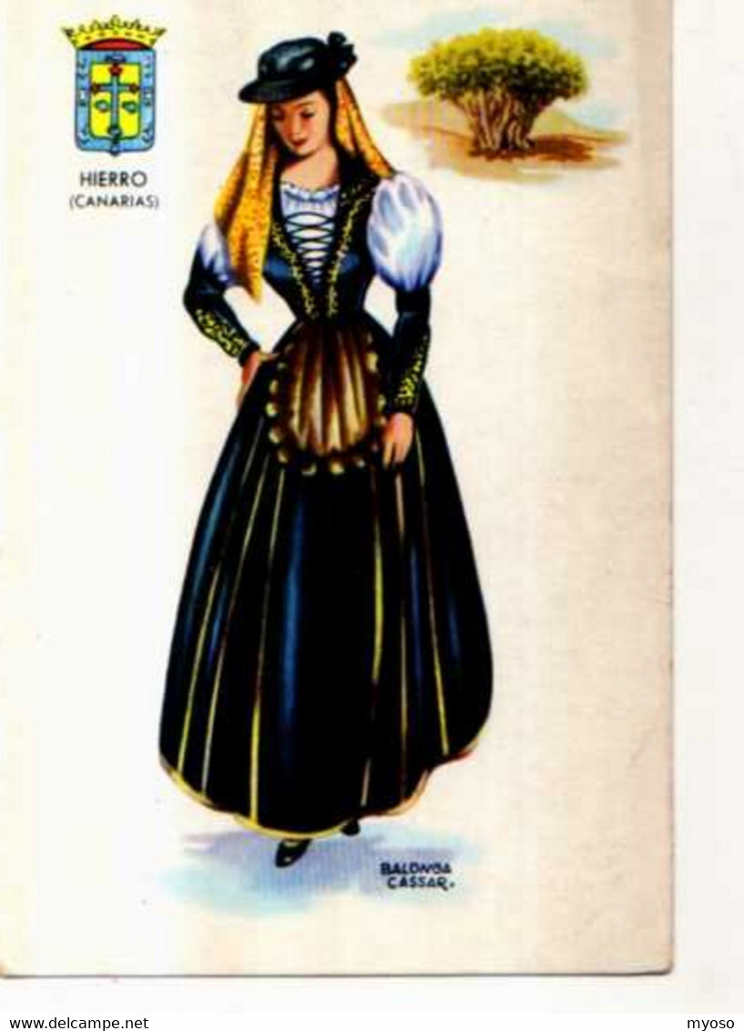 HIERRO Canarias, Illustrateur Balonga Cassar, Femme En Costume Folklorique, Blason - Hierro