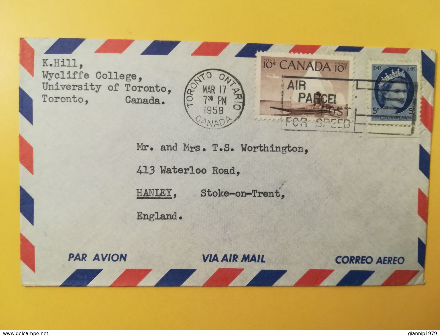 1958 BUSTA COVER AIR MAIL PAR AVION CANADA  BOLLO QUEEN ELIZABETH KAJAK OBLITERE' TORONTO SLOGAN TO ENGLAND - Lettres & Documents