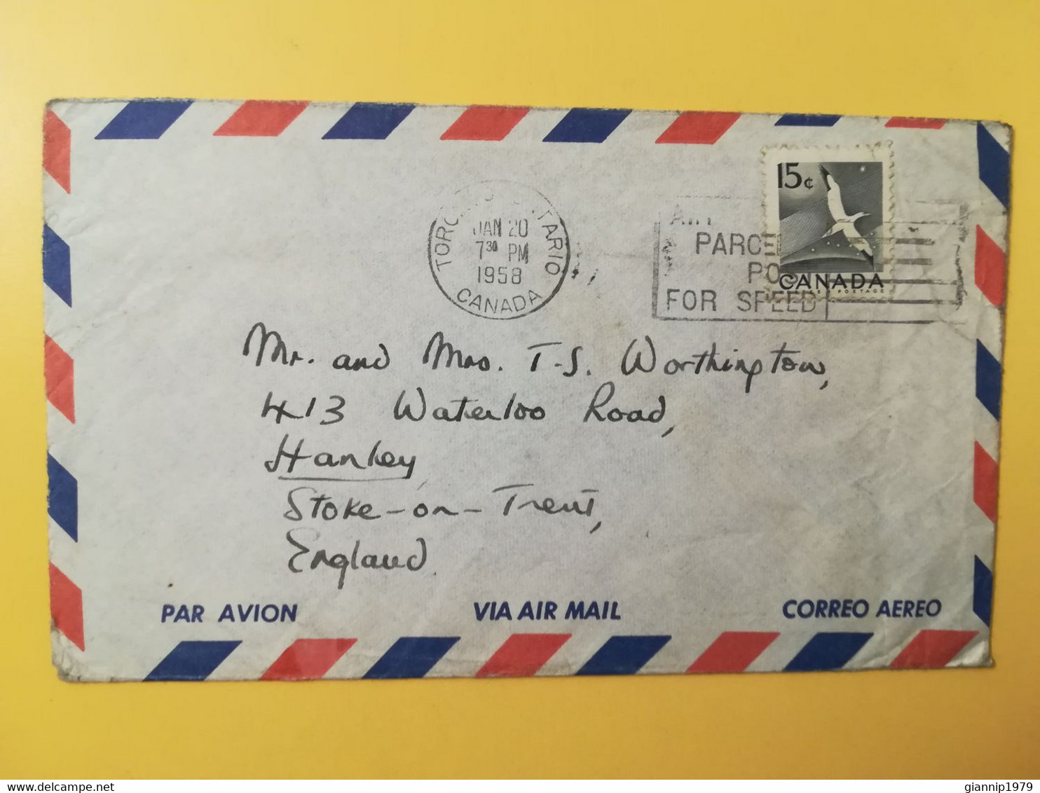 1958 BUSTA COVER AIR MAIL PAR AVION CANADA  BOLLO BIRD UCCELLO OBLITERE' TORONTO SLOGAN TO ENGLAND - Cartas & Documentos