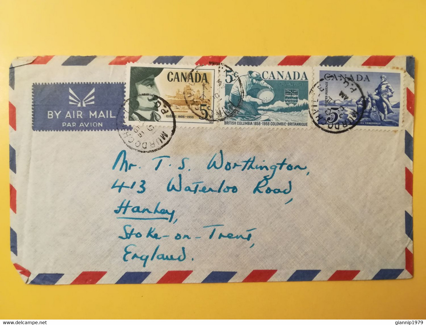 1958 BUSTA COVER AIR MAIL PAR AVION CANADA  BOLLO BRITISH COLUMBIA SAMUEL  VERENDRYE OBLITERE' MURDOCHVILLE TO ENGLAND - Covers & Documents