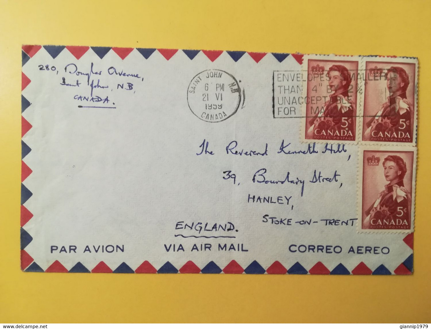 1959 BUSTA COVER AIR MAIL PAR AVION CANADA  BOLLO QUEEN ELIZABETH VOYEUR OBLITERE' SAINT JOHN SLOGAN TO ENGLAND - Cartas & Documentos