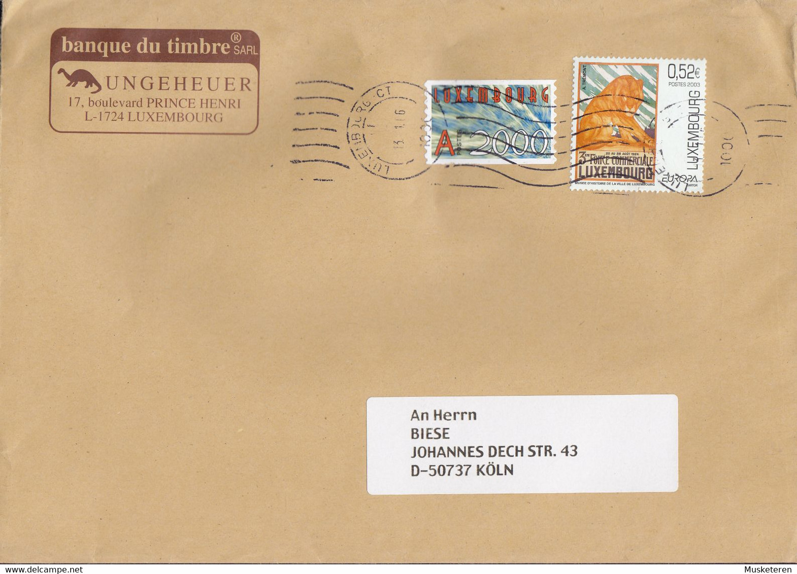 Luxembourg BANQUE DU TIMBRE (Dinosaur Cachet) LUXEMBOURG 2006 Cover Brief KÖLN Germany Europa CEPT & Neujahr New Year - Lettres & Documents