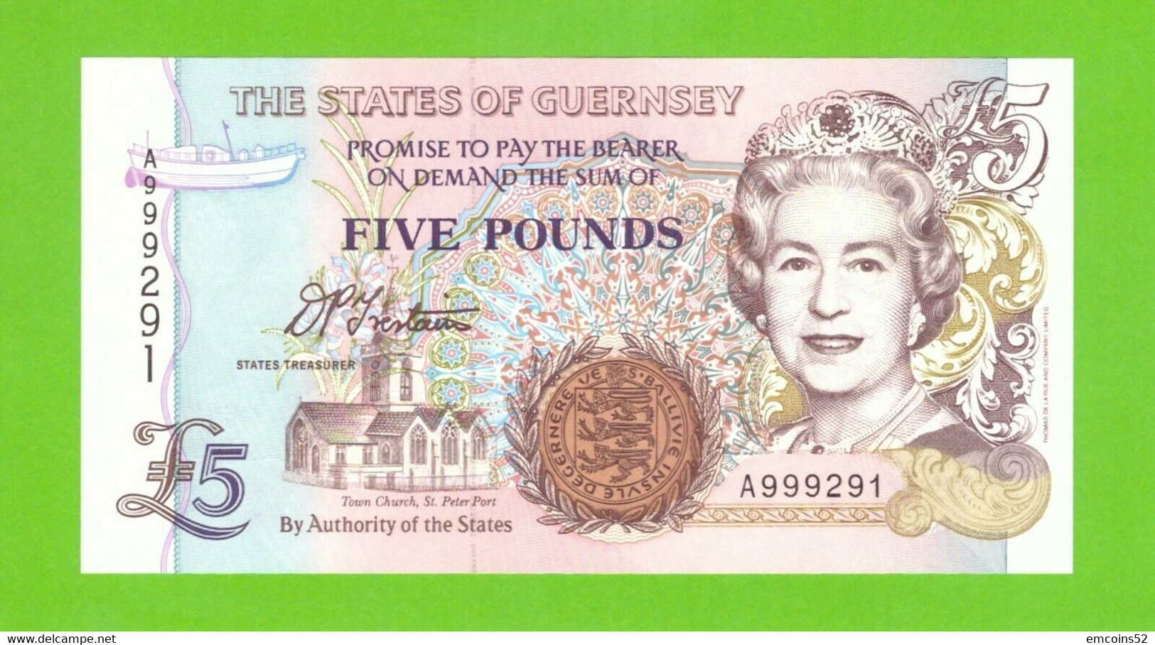 GUERNSEY 5 POUNDS 1996 -   P-56a  UNC  NUMBER A999291 - Guernsey