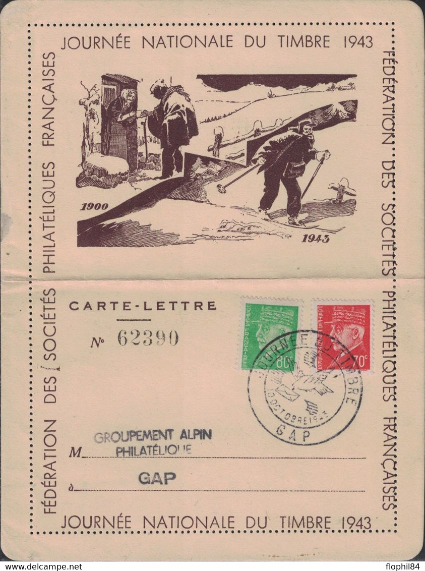 HAUTES ALPES - GAP - JOURNEE DU TIMBRE - 10-10-1943  -  CARTE LETTRE - ILLUSTRATION LE FACTEUR A SKI - AFFRANCHISSEMENT - ....-1949