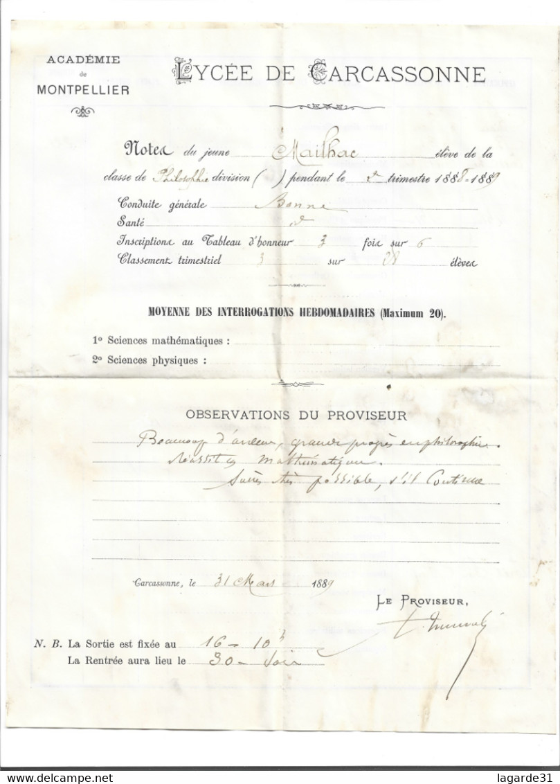 Lycee De Carcassonne Notes De L'eleve MAILHAC  1888 1889 - Diplomi E Pagelle