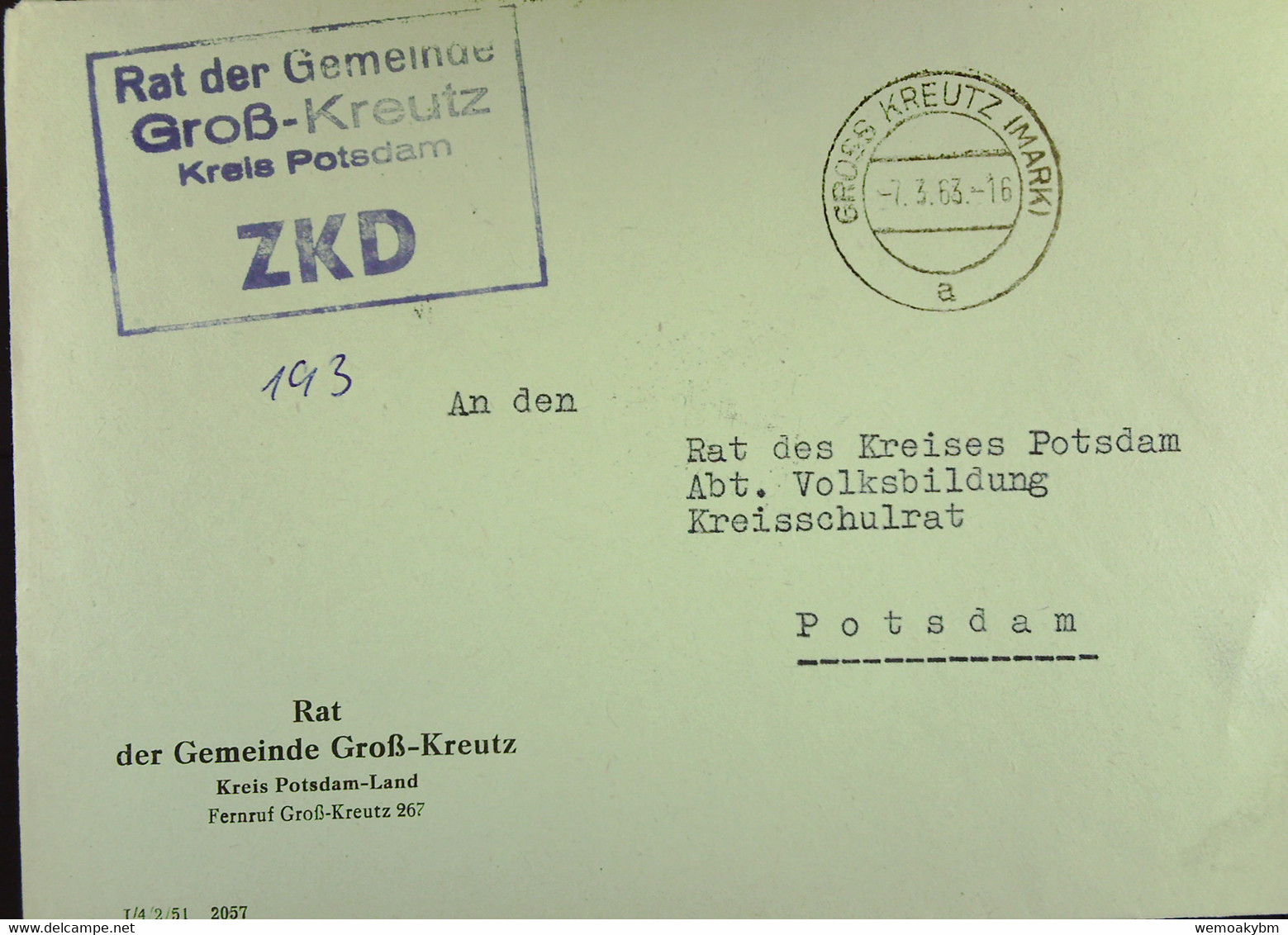 Fern-Brf Mit ZKD-Kastenstpl."Rat Der Gemeinde Groß-Kreutz Kreis Potsdam" GROSS KREUTZ (MARK) 7.3.63 Nach Potsdam - Central Mail Service