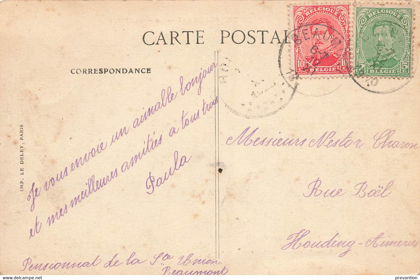Beaumont - La Grand'Place (avec Pharmacie, Grand Hôtel Des Touristes Et Imprimerie Lebrun Au Fond- Carte Circulé En 1920 - Colfontaine