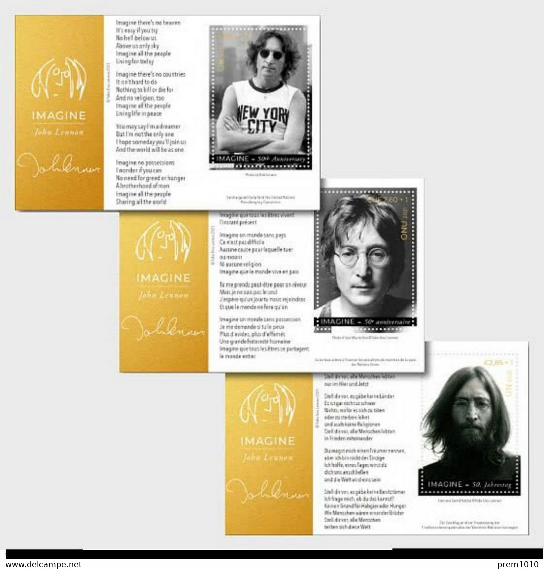 UN 2021- THE BEATLES GROUP- JOHN LENNON- 3 Miniatures Sheets- Issued By UN New York,Geneva  &Vienna- MNH - Chanteurs