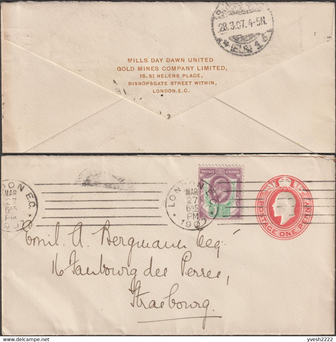 Grande-Bretagne 1907. Entier Postal Timbré Sur Commande, Enveloppe. Compagnie De Mines D'or - Autres & Non Classés
