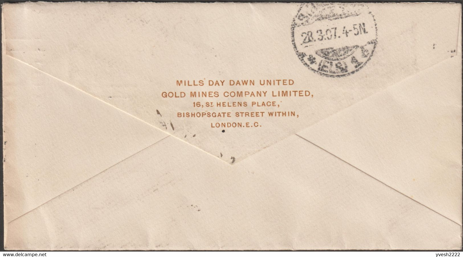 Grande-Bretagne 1907. Entier Postal Timbré Sur Commande, Enveloppe. Compagnie De Mines D'or - Autres & Non Classés
