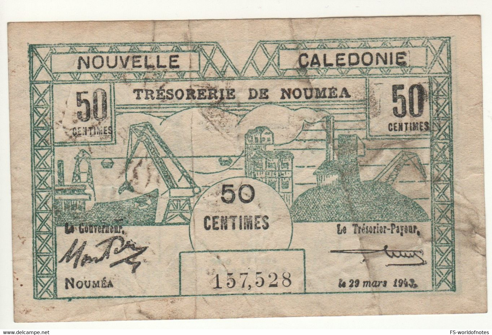 NEW CALEDONIA   50 Cents  P54  Dated 29 Mars 1943  ( Ship On Front + Stag Head At Back ) - Andere - Oceanië