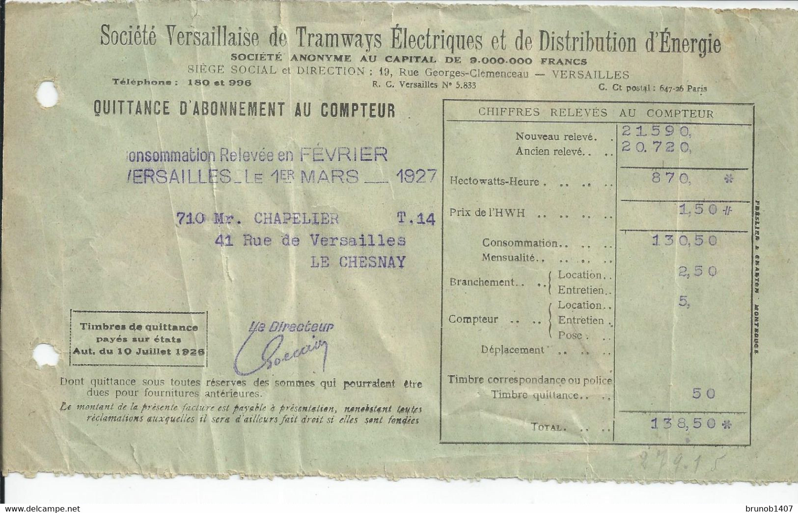 VERSAILLES LE 1 MARS 1927 QUITTANCE DE TRAMWAYS - 1900 – 1949