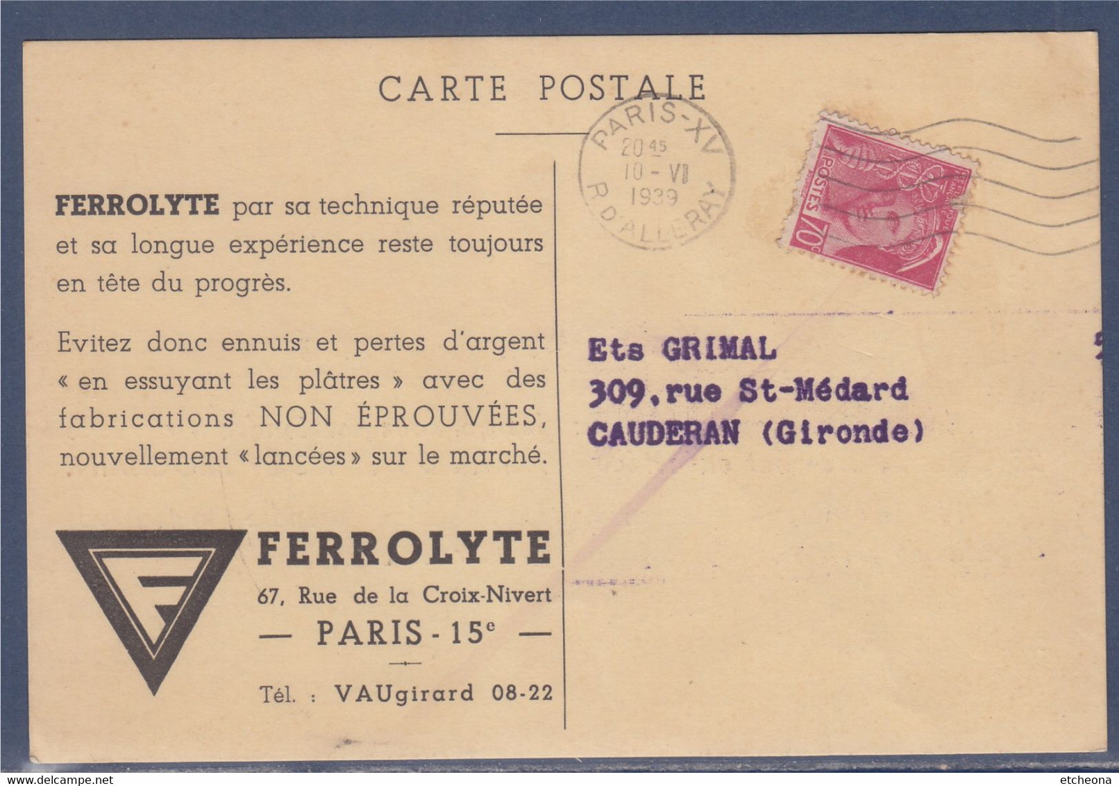 Mercure Seul Sur Carte Postale Entreprise Pour Information Clientèle N°416 Paris 10.VI.1939 - 1938-42 Mercure
