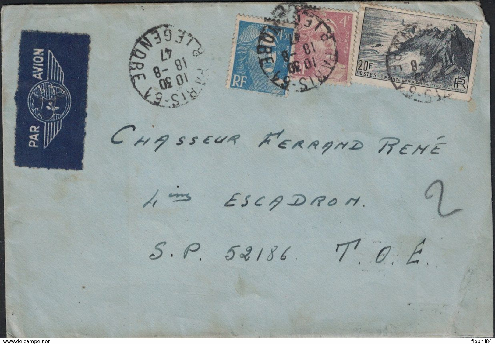 GUERRE D'INDOCHINE - LETTRE AVION DE PARIS - POUR LE SP. 52.186  T.O.E  - LE 18-8-1947 - GANDON EN AFFRANCHISSEMENT AVEC - Vietnamkrieg/Indochinakrieg