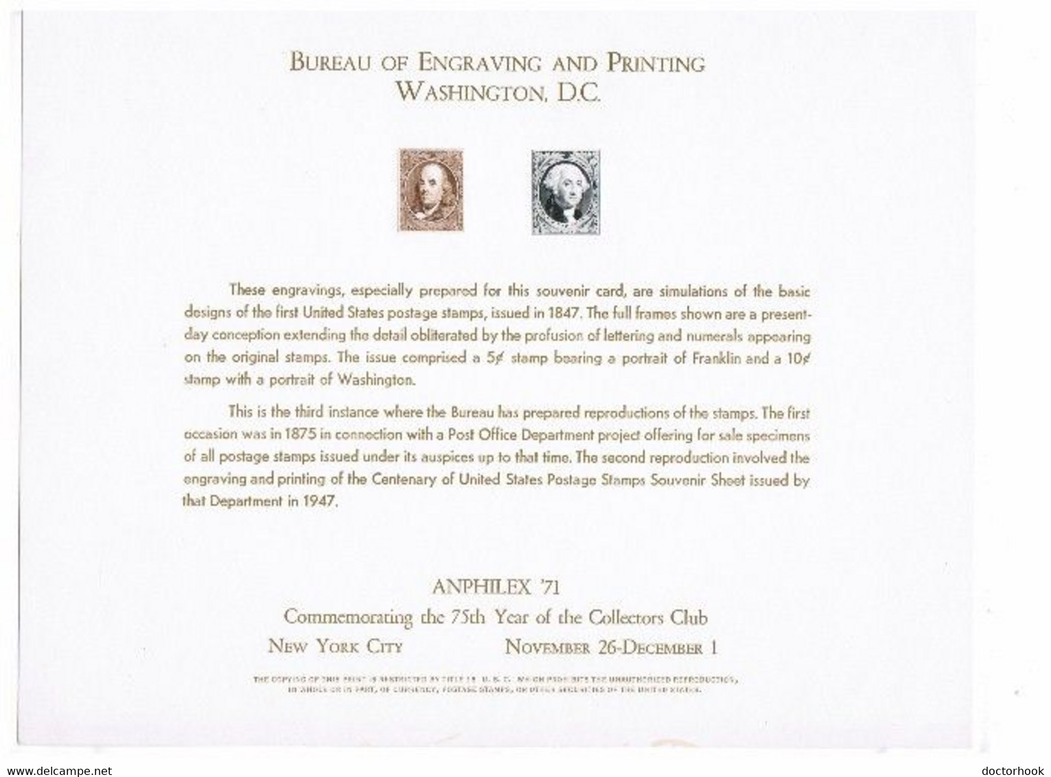 U.S.A.    ANPHILEX '71 B.E.P. CARD UNUSED (FF-67) - Recordatorios