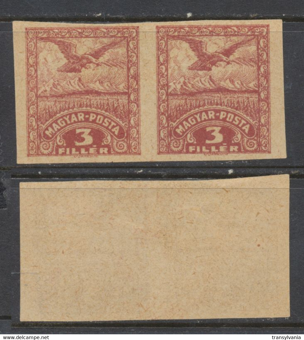 Hungary 1919 Romania Occupation 2nd Debrecen Issue 3 Filler Eagle Type Proof Ungummed, Imperforate Pair XF - Proofs & Reprints