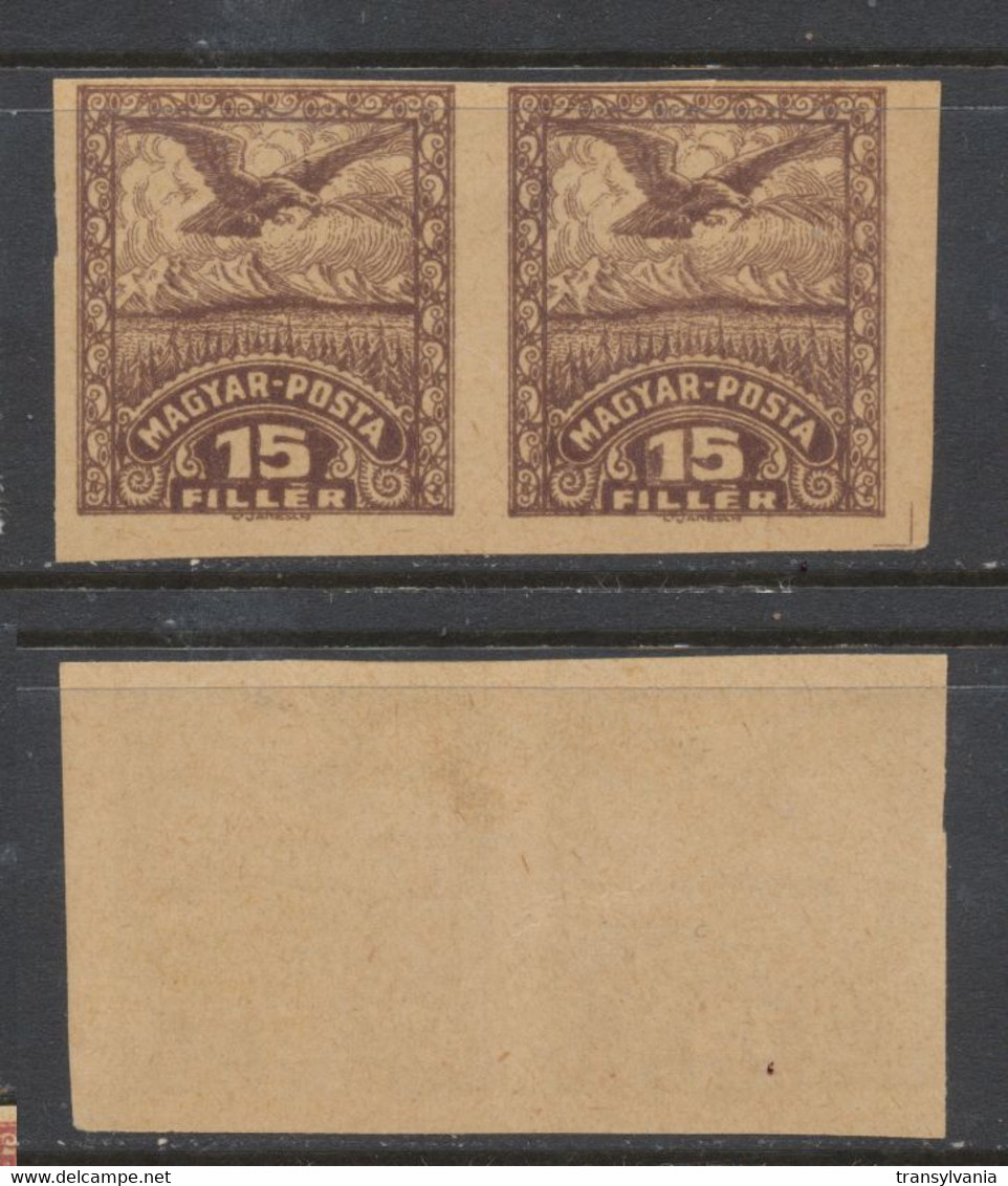 Hungary 1919 Romania Occupation 2nd Debrecen Issue 15 Filler Eagle Type Proof Ungummed, Imperforate Pair VG - Proofs & Reprints