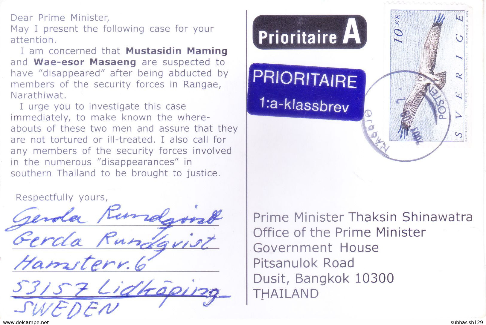 SWEDEN : COLOUR PICTURE POST CARD : YEAR 2003 : SENT TO PRIME MINISTER OF THAILAND : USE OF HIGH VALUE BIRD STAMP - Storia Postale