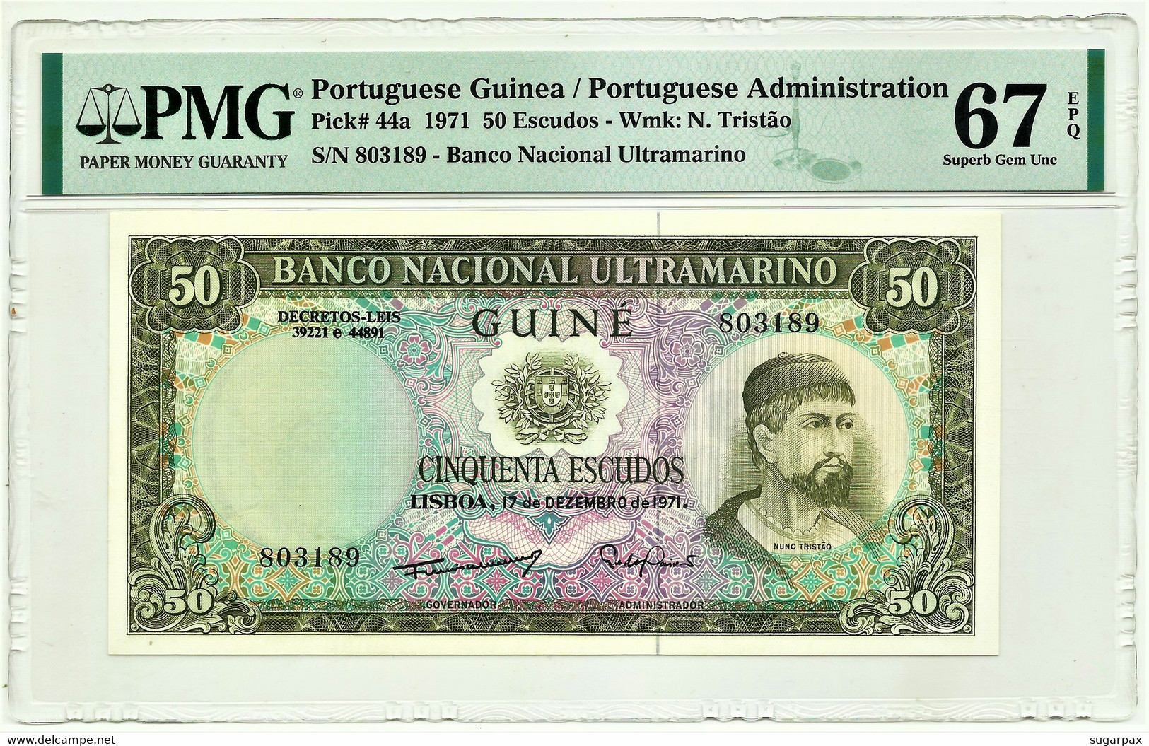 Guiné-Bissau - 50 Escudos - 17.12.1971 - P 44 - PMG 67 EPQ Superb Gem Unc. - Sign Varieties - Nuno Tristão - PORTUGAL - Guinee-Bissau