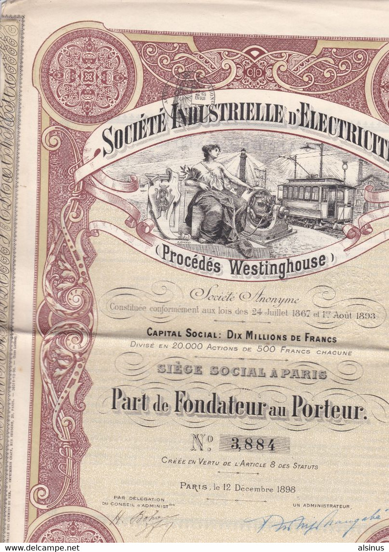 ACTION DE 500 FRANCS  - SOCIETE INDUSTRIELLE D'ELECTRICITE (PROCEDES WESTINGHOUSE) - PART DE FONDATEUR AU PORTEUR - D - F