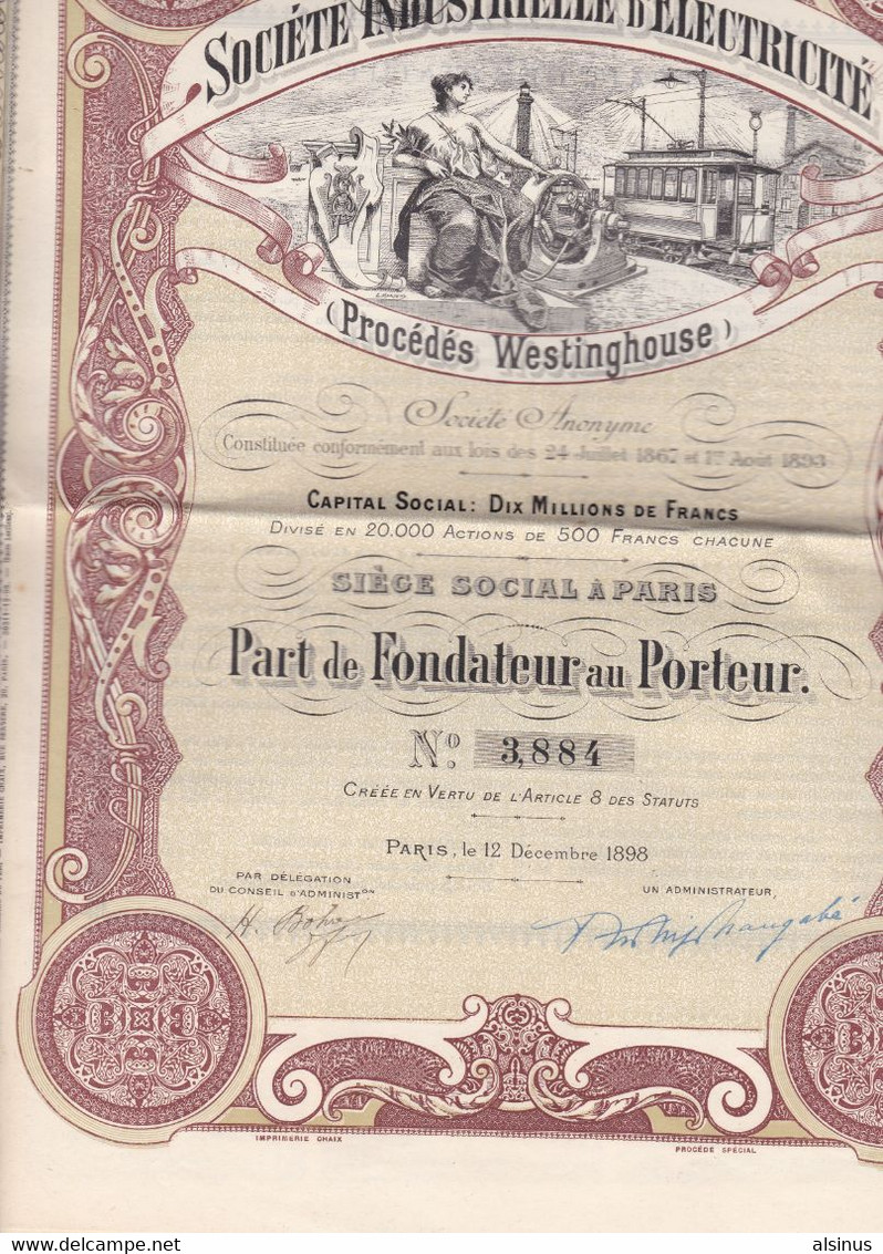 ACTION DE 500 FRANCS  - SOCIETE INDUSTRIELLE D'ELECTRICITE (PROCEDES WESTINGHOUSE) - PART DE FONDATEUR AU PORTEUR - D - F