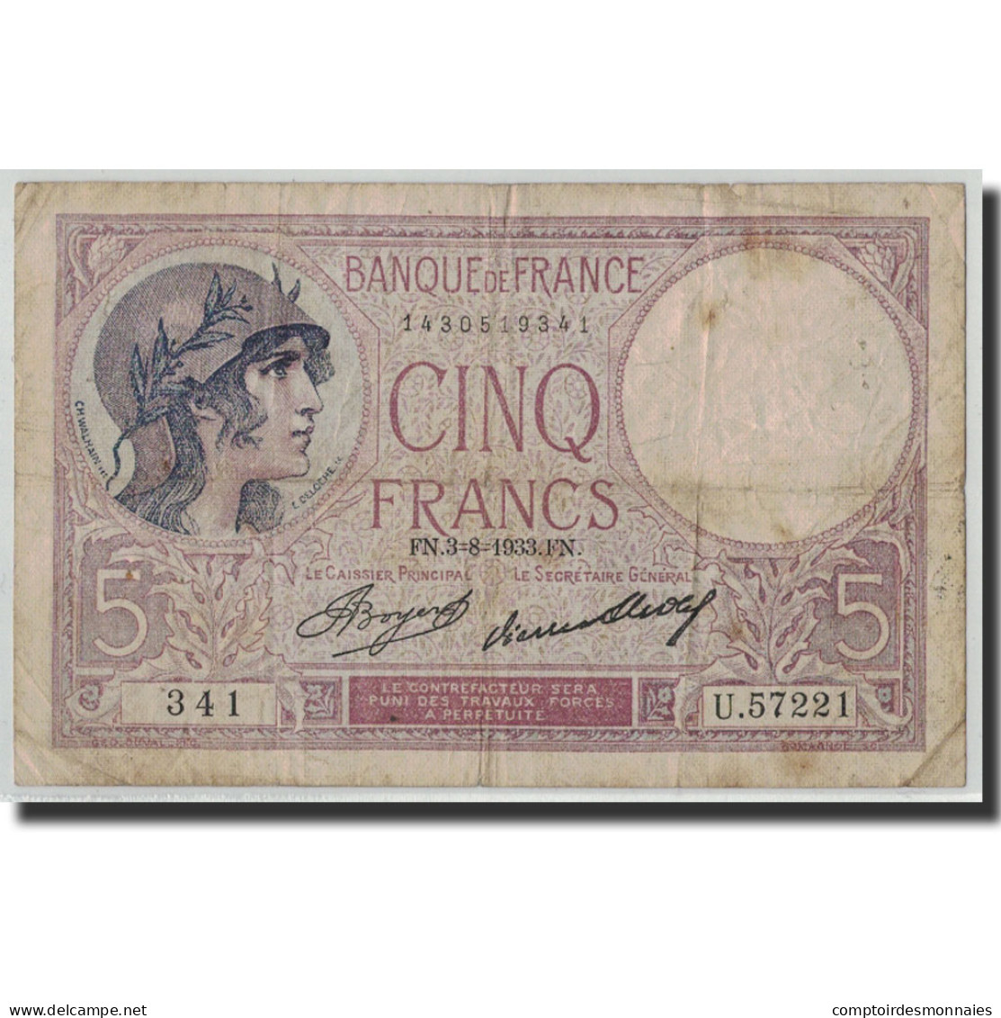 France, 5 Francs, 1933, 1933-08-03, B+, Fayette:3.17, KM:72e - 5 F 1917-1940 ''Violet''