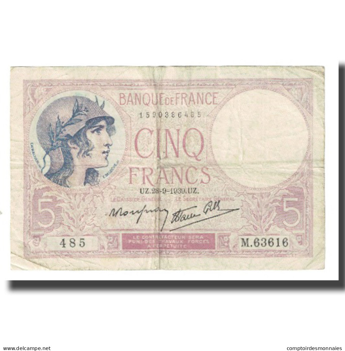 France, 5 Francs, Violet, 1939, P. Rousseau And R. Favre-Gilly, 1939-09-28, TB - 5 F 1917-1940 ''Violet''