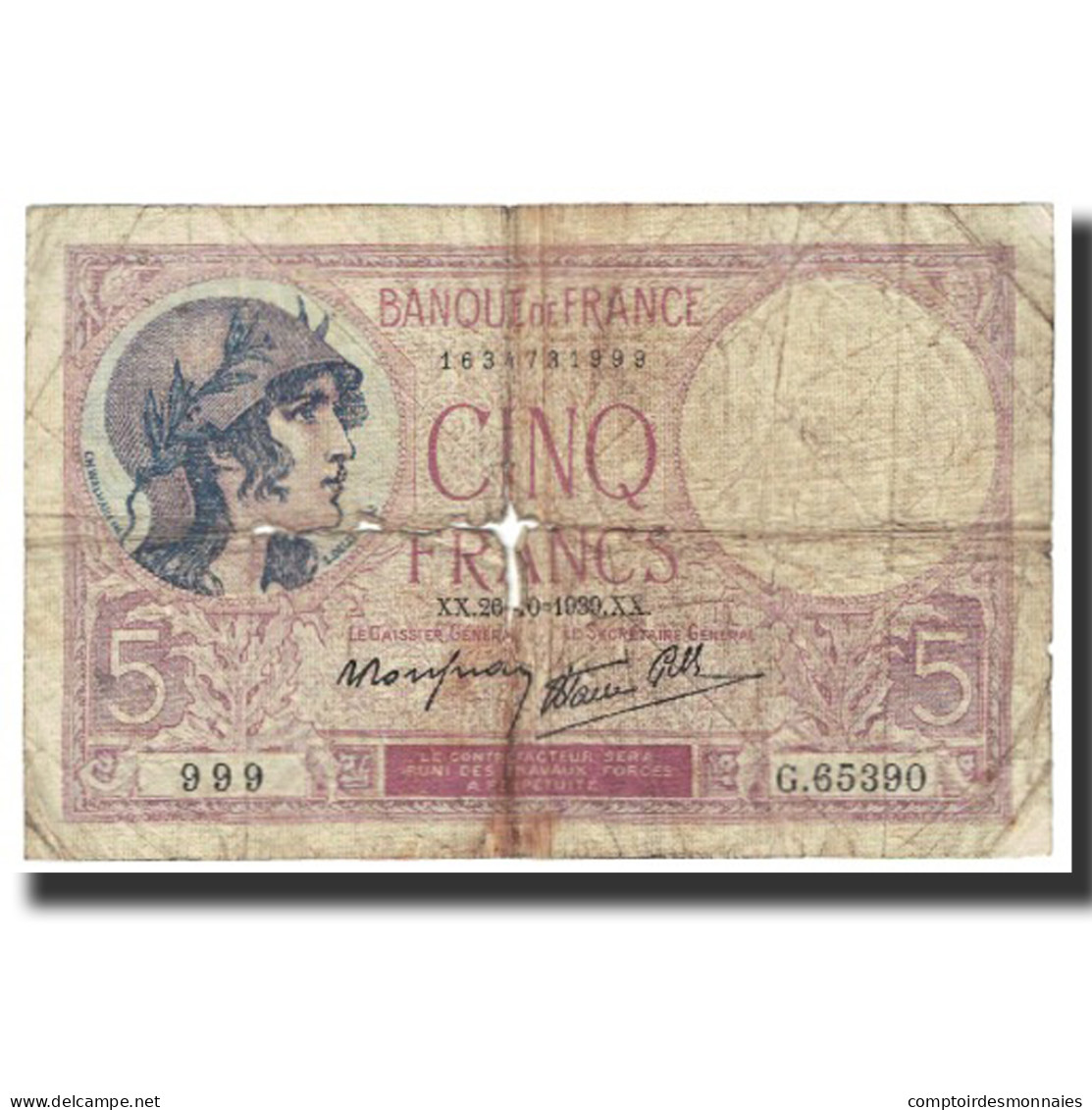 France, 5 Francs, Violet, 1939, 1939-10-26, B, Fayette:4.13, KM:83 - 5 F 1917-1940 ''Violet''