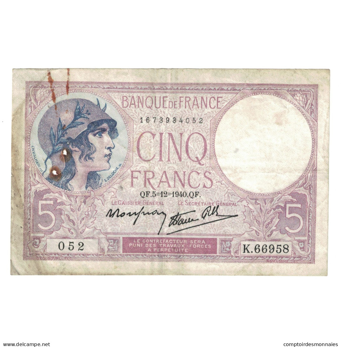 France, 5 Francs, Violet, 1940, 1940-12-05, TB, Fayette:04.16, KM:83 - 5 F 1917-1940 ''Violet''