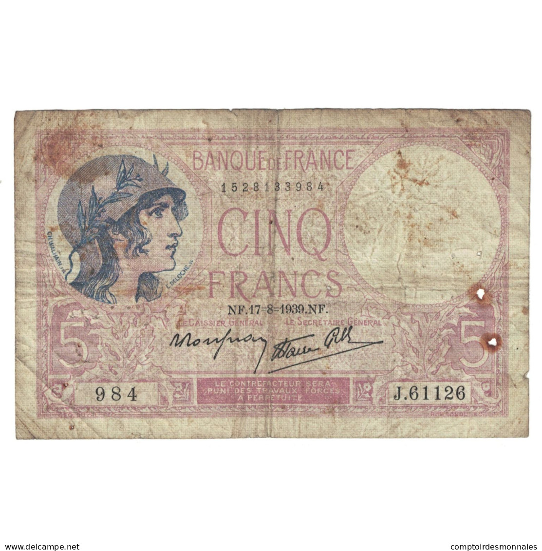 France, 5 Francs, Violet, 1939, 1939-08-17, B+, Fayette:4.6, KM:83 - 5 F 1917-1940 ''Violet''