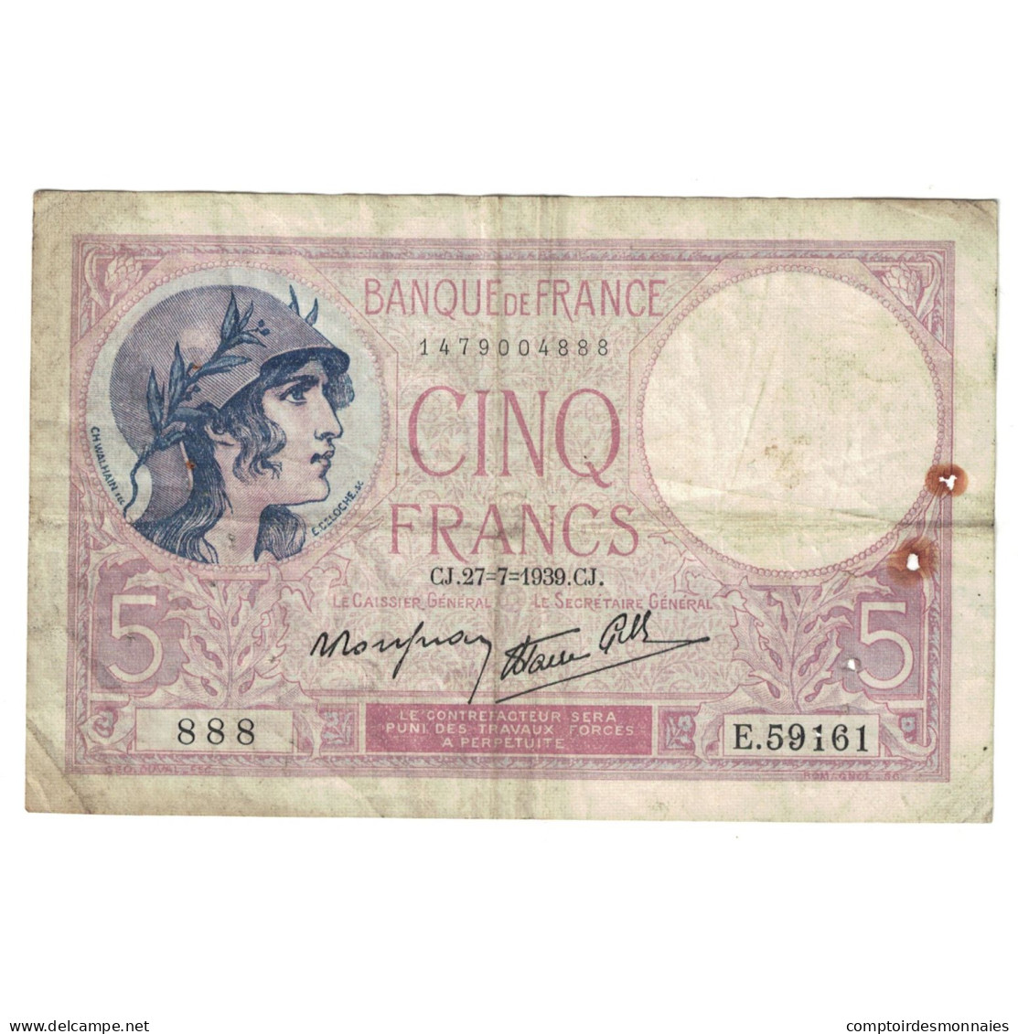 France, 5 Francs, Violet, 1939, 1939-07-27, TB, Fayette:4.3, KM:83 - 5 F 1917-1940 ''Violet''