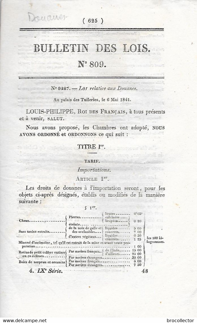 LOI De  1841 Concernant Les DOUANES - Customs