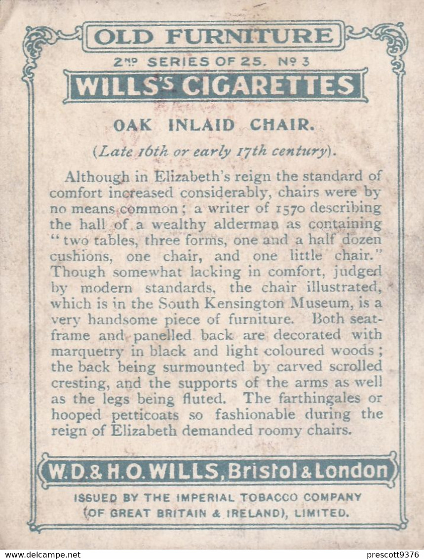 Old Furniture 1924, Wills Cigarettes, Large Size 6x8cm, 3 Oak Inlaid Chair - Antiques - Wills