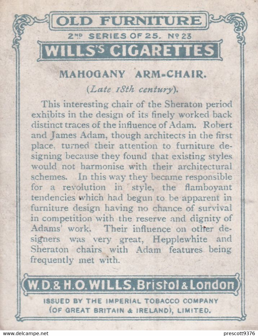 Old Furniture 1924, Wills Cigarettes, Large Size 6x8cm, 23 Mahogany Atm Chair, Antique - Wills