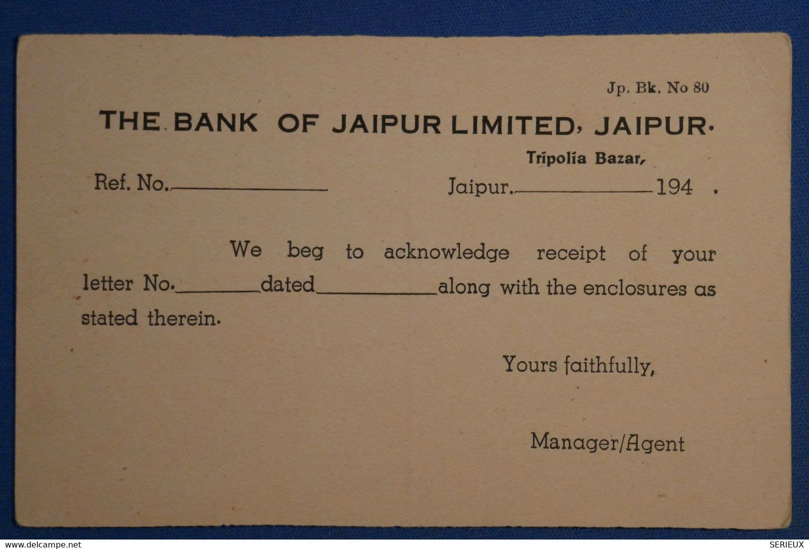 AN1 INDE BELLE CARTE 1940 BANK OF JAIPUR + NEUVE - Jaipur