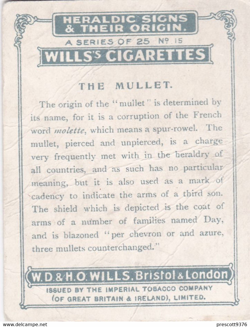 Heraldic Signs & Origins 1925, Wills Cigarettes, Large Size 6x8cm, 15 The Mullet, Antiques - Wills