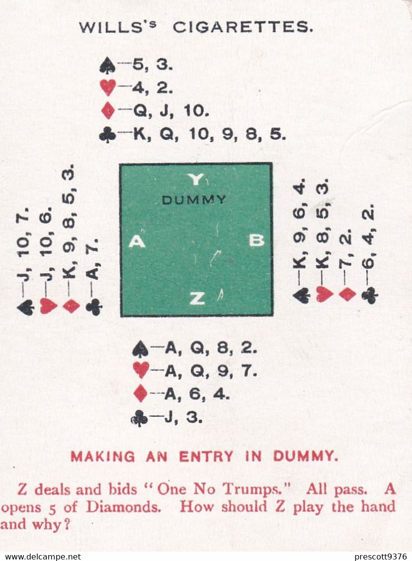 Auction Bridge 1926,  Wills Cigarettes, Large Size 6x8cm, 18 Entry In Dummy, Card Games - Wills