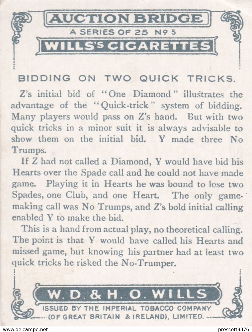 Auction Bridge 1926,  Wills Cigarettes, Large Size 6x8cm, 5 Bidding On 2 Quick Trips, Card Games - Wills