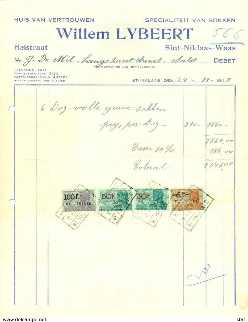 Oude Factuur Willem Lybeert Te Sint-Niklaas - Specialiteit Van Sokken : 1949 - Kleidung & Textil