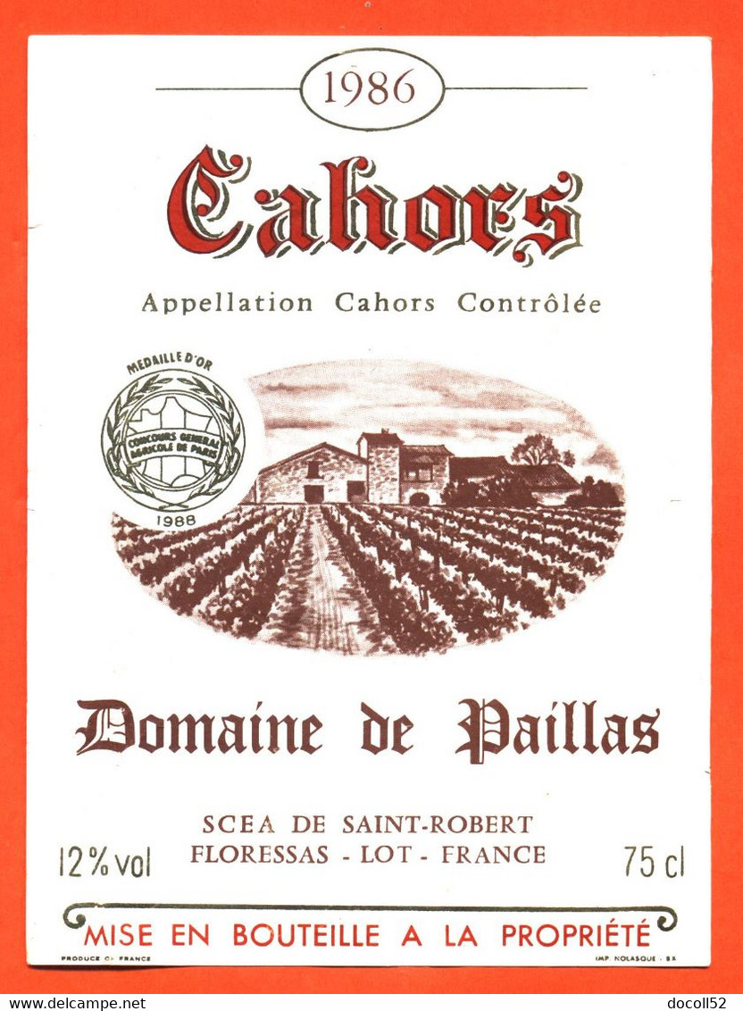 étiquette De Vin Cahors Domaine De Paillas 1986 Saint Robert à Floresssas - 75 Cl - Cahors