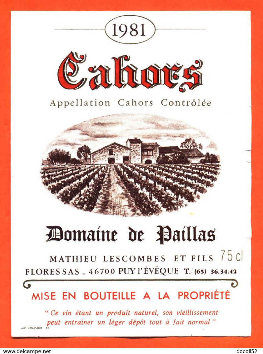 étiquette De Vin Cahors Domaine De Paillas 1981 Mathieu Lescombes Et Fils à Puy L'éveque - 75 Cl - Cahors