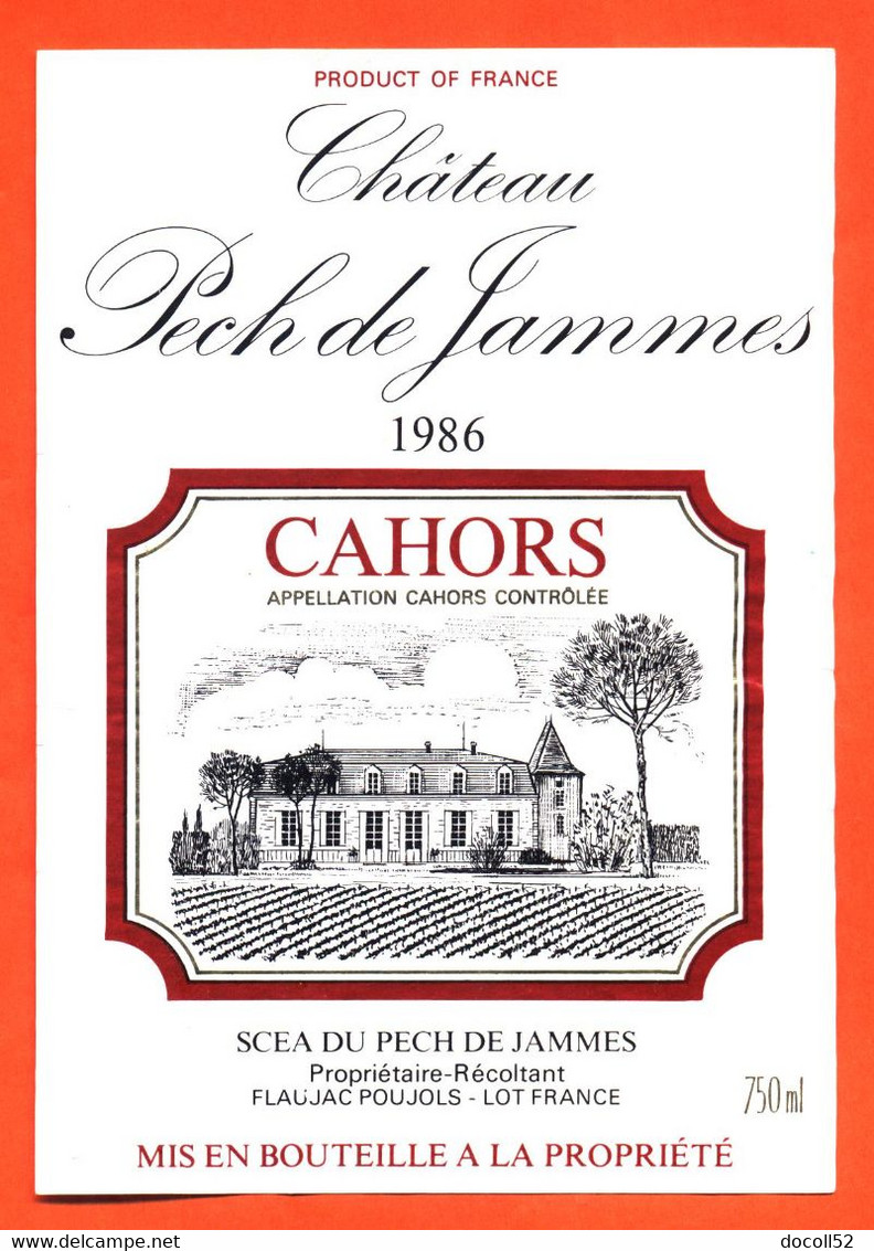 étiquette De Vin Cahors Chateau Pech De Jammes 1986 à Flaujac Poujols - 75 Cl - Cahors